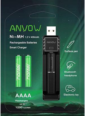 Smart AAAA Battery Charger with 2 Counts Rechargeable AAAA Batteries NiMH 12V 400mAh 1200 Cycles Surface Pen Active Stylus Rechargables Battery
