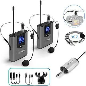 Wireless System with Dual Headset Microphones/Lavalier Lapel Mics and Bodypack Transmitters and One Mini Rechargeable Receiver 1/4" Output, for Live Performances