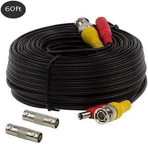 BNC Video Power Cable 60ft AllinOne Video HDTVI HDCVI AHD Analog 1080p Black Premade Power Cable wConnectors for CCTV Security Cameras Black