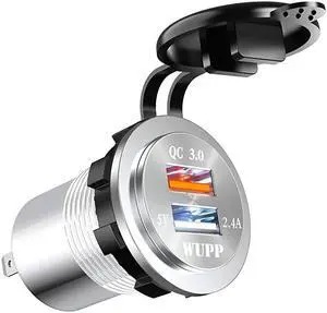 Upgraded Aluminum Alloy Fast Charging 30 USB Charger Socket IP66 Waterproof Dual USB Power Outlet with QC 30 USB Port 5V 24A Port Led Light for Car Boat Marine Rv Motorcycle Silver