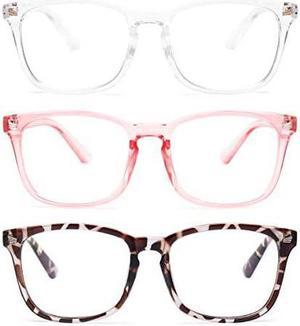 3Pack Blue Light Blocking Glasses Fashion Square Fake Nerd Eyewear Anti UV Ray Computer Gaming Eyeglasses WomenMen Leopard+Transparent+Pink