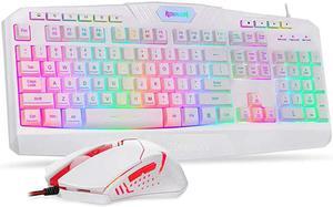 S101 Wired Gaming Keyboard and Mouse Combo RGB Backlit Gaming Keyboard with Multimedia Keys Wrist Rest and Red Backlit Gaming Mouse 3200 DPI for Windows PC Gamers White