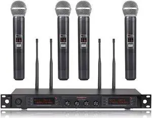 Wireless Microphone System  Quad Channel Cordless Mic Set with Metal Handheld Mics 4x40 Channels Auto Scan Long Distance 328ft Ideal for DJ Church Outdoor Events PTU7000A