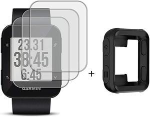 Screen Protector (3 Pack) Compatible Garmin Forerunner 35 Tempered Glass Film Anti-Scratch High Definition Full Coverage and (1Pack) Silicone Case for Smart watch