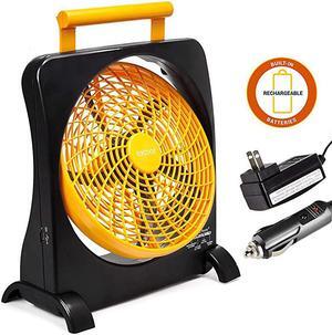 10Inch Battery Operated Fan Portable with Internal Rechargeable Battery Multiple Power Options ACDC Adapter USB Port for Emergencies Camping Travel Indoor and Outdoor Use Orange