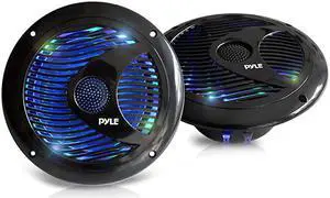 65 Dual Marine Speakers IP44 Waterproof and Weather Resistant Outdoor Audio Stereo Sound System with Builtin Led Lights 150 Watt Power and Polyprone Cone 1 Pair PLMR6LEB Black
