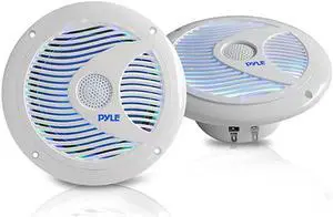 65 Inch Dual Marine Speakers IP44 Waterproof and Weather Resistant Outdoor Audio Stereo Sound System with Builtin Led Lights 150 Watt Power and Polyprone Cone 1 Pair PLMR6LEW White
