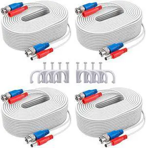 4Pack 100ft BNC Video and Power Security Camera Cable with BNC Connectors and RCA Adapters for CCTV Camera System White