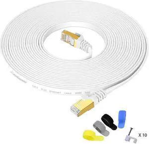 Shielded Ethernet Cable 25ft White Highest Speed Cable Flat Internet Network Cable with Snagless RJ45 Connector for Modem Router LAN Computer