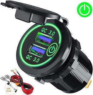 Charge 3.0 Dual USB Car Charger Socket with Touch Switch 12V/24V 36W QC3.0 Dual USB Fast Charger Socket Power Outlet for Marine, Boat, Motorcycle, Truck, Golf Cart(Green)