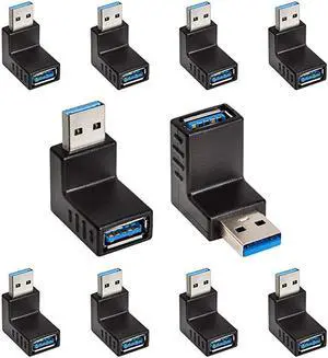 10 Pack] Super Speed USB 3.0 Male to USB 3.0 Female, 90 Degree Right Angle USB Adapter, USB 3.0 Extender Couple