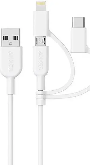 Powerline II 3in1 Cable LightningType CMicro USB Cable for iPhone iPad Huawei HTC LG Samsung Galaxy Sony Xperia Android Smartphones and More3ft White