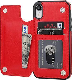 iPhone XR Wallet Case with Card Holder Premium PU Leather Kickstand Card Slots CaseDouble Magnetic Clasp and Durable Shockproof Cover for iPhone XR 61 InchRed