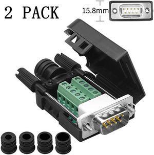 2PCS DB9 Solderless RS232 DSUB Serial to 9pin Port Terminal Male Adapter Connector Breakout Board with Case Long Bolts Tail Pipe 2PCS Thinner Male