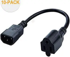 10Pack 1 Foot 18AWG Standard Computer Power Adapter Cord NEMA 515R Receptacle to IEC320 C14 03MBlack