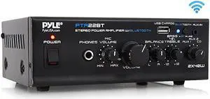 Bluetooth Mini Blue Series Home Audio Amplifier Compact Desktop Home Theater Stereo Amplifier Receiver with USB Charge Port | Pager Mixer Karaoke Modes | Mic Input 40 Watt x 2 |  PTA22BT 2X2X2
