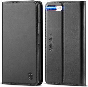 Genuine Leather iPhone 8 Plus Wallet Case Book Flip Cover and Credit Card Slot Magnetic Closure Compatible with iPhone 8 Plus 7 Plus Black