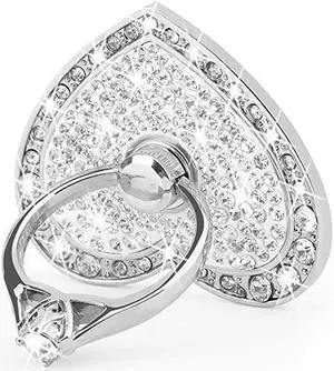 Cell Phone Finger Ring Stand with Sparkly Diamond  Heart Love Phone Ring Kickstand Holder Washable Removable 360°Rotation Zinc Alloy Ring Grip Stand for All Phones Silver