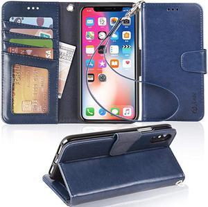 Case for iPhone XXs Premium PU Leather Wallet Case Wrist Straps Flip Folio Kickstand Feature with IDCredit Card Pockets for iPhone X 2017 Xs 2018 58 inch not for Xr Blue