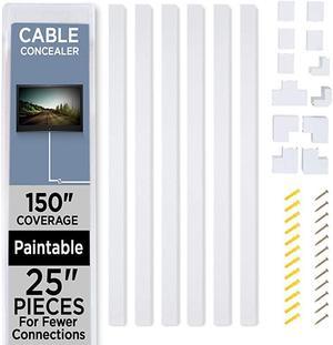 Concealer On-Wall Cord Cover with 6, 25” Raceways – 150” Management System Hides Cords, Wires for Wall TVs, Computers – White (544808XGW)