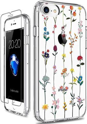 iPhone 8 Case iPhone 7 Case with Screen Protector Clear Heavy Duty Protective Case Floral Girls Women Hard PC Back Case with Slim TPU Bumper Cover Phone Case for iPhone 8 Colorful Flowers