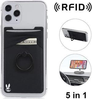 5-in-1 Cell Phone Wallet-Stick On Spandex Ring Card Holder Sleeve Back-Double-Pocket+Magnetic+Finger Grip Strap Loop+Kickstand+RFID Block,Most of Smartphones (iPhone/Android/Samsung Galaxy)