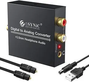 DAC Digital to Analog Audio Converter Digital Optical SPDIF Coaxial to Analog LR RCA Converter Toslink to 35mm Jack Audio Adapter with 1m Optical Cable for HDTV Blu Ray HD DVD Apple TV