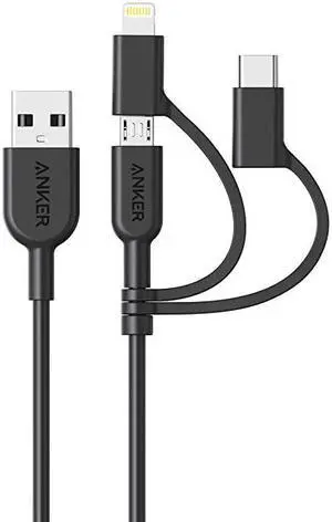 Powerline II 3in1 Cable LightningType CMicro USB Cable for iPhone iPad Huawei HTC LG Samsung Galaxy Sony Xperia Android Smartphones iPad Pro 2018 and More3ft Black