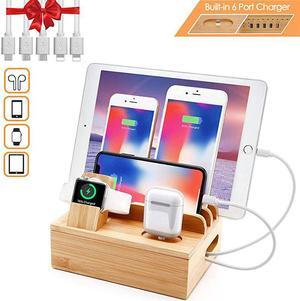 Bamboo Charger Station for Multiple Devices  6 in 1 USB Charging Station 5 Port for Cellphone Tablet Smart Watch Holder Earbuds Docking Station Organizer 5 Mixed Cables Included
