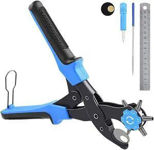 Leather Hole Punch UpgradedPerfect Full Set Belt Puncher Heavy Duty Revolving Plier Tool with 2 Extra Plates and Ruler Multi Sized for Crafts Card Rubber Blue