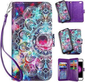 2 in 1 Case for iPhone 6 Case iPhone 6S Case Wallet Folio Flip PU Leather Case Protective Hard Shell Magnetic Detachable Slim Back Cover Card Holder Slot Wrist Strap for iPhone 6 6S Mandala