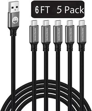 TypeC Cable 5pack 6ft Fast Charging 3A Rapid Charger Quick Cord Type C to A Cable 6 Foot Compatible Samsung Galaxy S10 S9 S8 Plus Braided Fast Charging Cable for Note 10 9 8 LG V50 V40 G8 G7