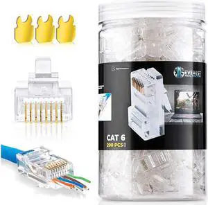 RJ45 Cat6 Pass Through Connectors Pack of 200Jar | Crimp Connector UTP Network Unshielded Plug for Twisted Pair Solid Wire Standard Cables | Transparent Passthrough Ethernet Insert