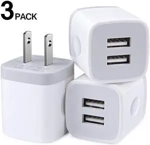 Box Wall Dual USB Phone Adapter 21 amp USB Plugs 3 Pack Wall Plug in Fast Charging Blocks Compatible for iPhone X S 8 7 6S Plus Samsung Galaxy A20 S8 S9 S10 e Note9 LG G3