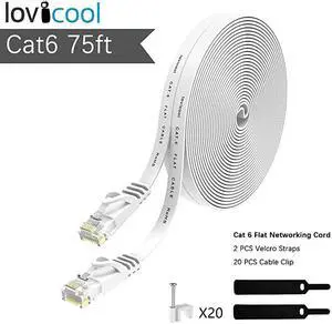 Cat 6 Patch ft Flat Internet Network Ethernet Cords with LAN Snagless Rj45 Connectors with Cable Clips 75 feet White 23 Meters