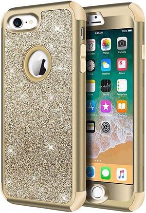 Designed for iPhone 8, iPhone 7 Case, Heavy Duty Full-Body Defender Protective Case Bling Glitter Sparkle Hard Shell Hybrid Shockproof Rubber Bumper Cover for iPhone 7 and iPhone 8, Gold