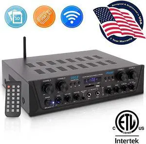 500W Karaoke Wireless Bluetooth Amplifier 4 Channel Stereo Audio Home Theater Speaker Sound Power Receiver w AUX IN FM RCA Subwoofer Speakers OUT USB Microphone IN w Echo  PTA44BT
