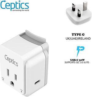 UK Hong Kong Travel Plug Adapter Set by  Safe Grounded USBC 30W PD QC 302 USA Socket Compact Powerful Ireland England Dubai Saudi Arabia Includes Type G Swadapt Attachments