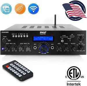 Wireless Bluetooth Power Amplifier System 200W Dual Channel Sound Audio Stereo Receiver w USB AUX MIC IN w Echo Radio For Home Theater Entertainment via RCA Studio Use  PDA65BUBlack