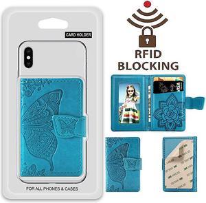 Card Holder RFID Blocking Sleeve 3D Butterfly Flower Kickstand Pu Leather Back StickOn Adhesive Credit Cards amp Cash Wallet For Most of Smartphones iAndroidSamsung GalaxyBlue