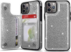 Case for iPhone 11 Pro Premium Glitter PU Leather Case Back Wallet Cover Two Magnetic Clasp Card Slots Stand Function Durable Shockproof Soft TPU Case Silver