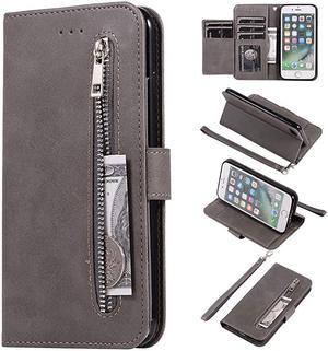 Wallet Case for iPhone 7 iPhone 8 iPhone SE 2020 5 Card Slots Magnetic Closure Zipper Pocket Handbag PU Leather Flip Case with Wrist Strap TPU Kickstand Cover Gray