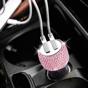 USB Car Charger Bling Bling Handmade Rhinestones Crystal Car Decorations for Fast Charging Car Decors Pink for iPhone, iPad Pro/Air 2/Mini, Samsung Galaxy Note 9 8 S9 S9+,LG, Nexus, HTC, etc