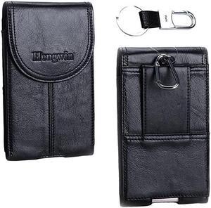 Genuine Leather Smartphone Holster for iPhone 12 Pro Max Belt Case with Belt Clip Loop, Vertical Cell Phone Holder Samsung Galaxy S21 Ultra S20 FE Belt Pouch (Fits Phone with Cover on) (Black)