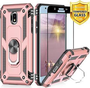 Phone Case Compatible with Samsung Galaxy J7 2018J7 RefineJ7 StarJ7 EonJ7 TOPJ7 AeroJ7 CrownJ7 Aura Full Coverage Tempered Glass Screen Protector Metal Ring Magnetic Support Rose Gold
