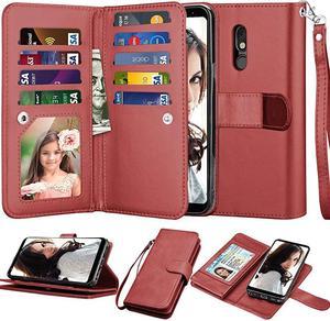 Compatible with LG Stylo 5 Case/LG Stylo 5X/Stylo 5V/Stylo 5 Plus Wallet Case, [9 Card Slots] PU Leather Card Holder Folio Flip [Detachable][Kickstand] Magnetic Phone Cover & Lanyard [Wine Red]