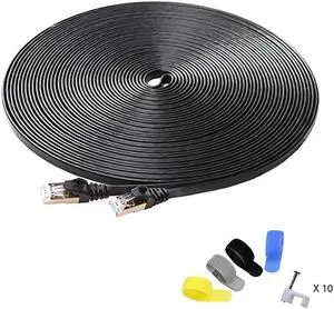 Cat7 Shielded Ethernet Cable 50ft Highest Speed Cable Flat Ethernet Patch Cable Support Cat5Cat6 Network600Mhz10Gbps Black Computer Cord + Free Clips and Straps for Router Xbox