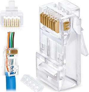 RJ45 Cat6/6a Pass Through Connectors for a Thick 23 AWG Large Diameter UTP Network Cable, 100 Pcs | Insert Guides Included