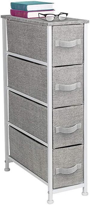 Narrow Dresser Tower with 4 Drawers - Vertical Storage for Bedroom, Bathroom, Laundry, Closets, and More, Steel Frame, Wood Top, Easy Pull Fabric Bins (Gray)
