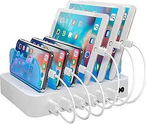 Charging Station for Multiple Devices with 6 USB Fast Ports and 6 Short USB Cables White